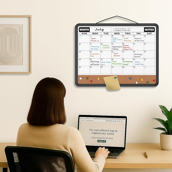 Monthly Calendar Dry Erase Board 16x12 Inch, Double-Sided Whiteboard and Corkboard Combo with Black Plastic Frame, Wall Mounted Planner Organizer with Markers, Magnets, Push Pins, Eraser