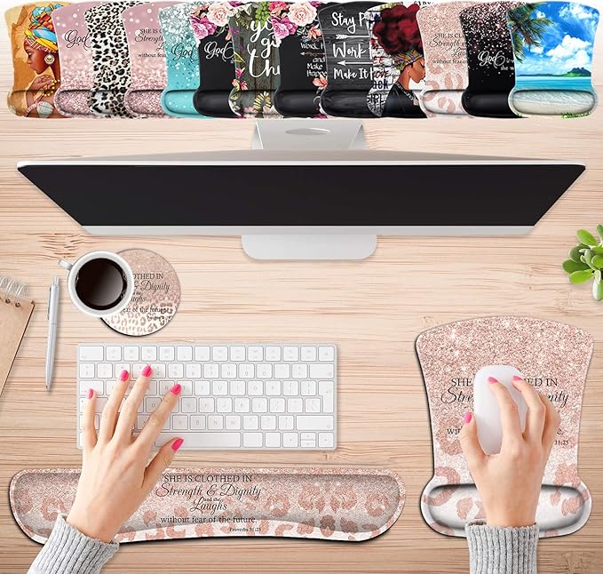 Keyboard Wrist Rest Pad and Ergonomic Mouse Pad Wrist Support Set Proverbs 31:25 Bible Verse Leopard Star Pattern for Gaming, Office, Comfortable and Pain Relief with Coaster Set