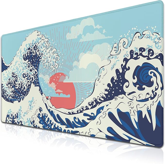 Extra Large Mouse Pad Blue XXL Mousepad, Big Mouse Pads Office Desk Mats, Desk Pad Mat Waterproof Non-Slip Rubber Base, 35.4 X 15.7 inch for Work/Game/Office/Home Japanese Great Wave Art