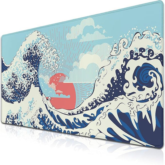 Extra Large Mouse Pad Blue XXL Mousepad, Big Mouse Pads Office Desk Mats, Desk Pad Mat Waterproof Non-Slip Rubber Base, 35.4 X 15.7 inch for Work/Game/Office/Home Japanese Great Wave Art