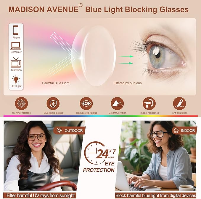 Madison Avenue Retro Aviator Blue Light Blocking Glasses for Women Men with Case, Trendy Rectangle Computer Eyeglasses