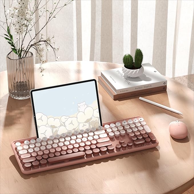 Colorful Wireless Computer Keyboard and Mouse Combo with Phone Holder, Wrist Rest, Typewriter Keys, 2.4GHz Wireless, Full-Sized Optical Mouse for PC and Laptop(Peach Colorful)