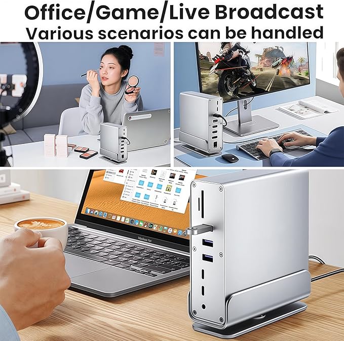 【15-in-1 USB C Hub & Vertical Docking Station 3 Monitors】 Dual Monitor 2 HDMI and Triple Monitor Includes DP,10Gbps USB 3.2, SD/TF, Gigabit Ethernet -for Dell/HP/Lenovo, MacBook/Surface,Phone ect.