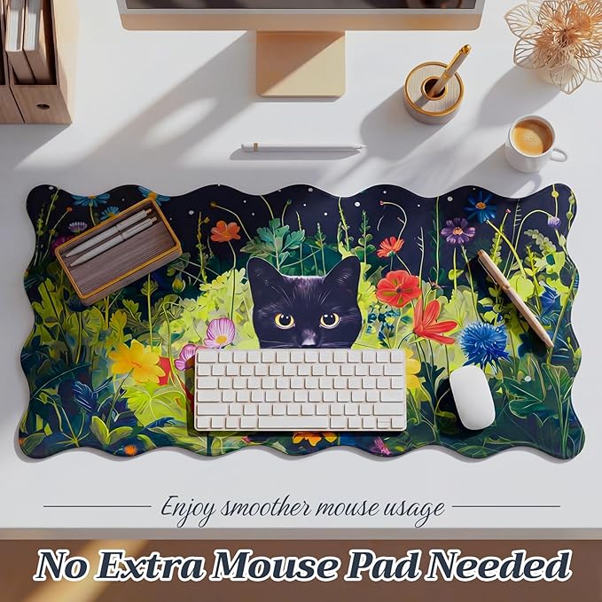 Kingdder Black Cat Floral Scalloped Desk Mat 31.5" x 15.7" Large Cute Cat Mouse Pad Kawaii Keyboard Mat with Nonslip Waterproof Rubber Base Pad for Laptop Computer Gaming Dorm Home Office