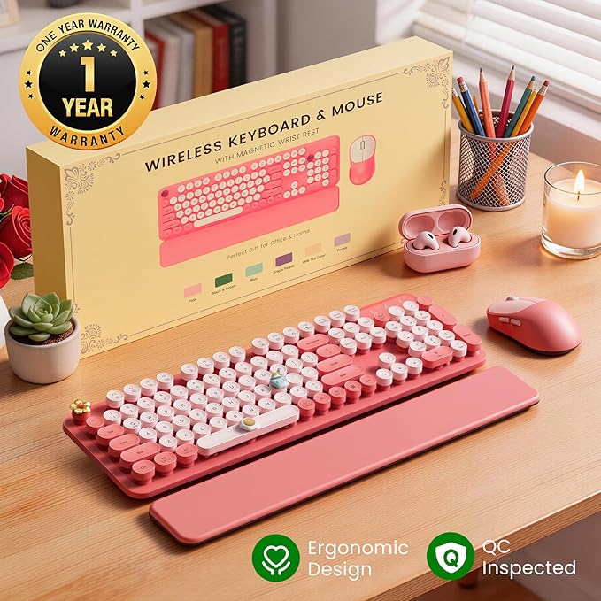 Wireless Keyboard and Mouse Combo, Typewriter Keyboard with Magnetic Wrist Rest, Full-Size Cute Round Keycaps, Sleep Mode, 2.4G Keyboards for Mac/Windows/PC, Office or Home, Trueque CK23Pro