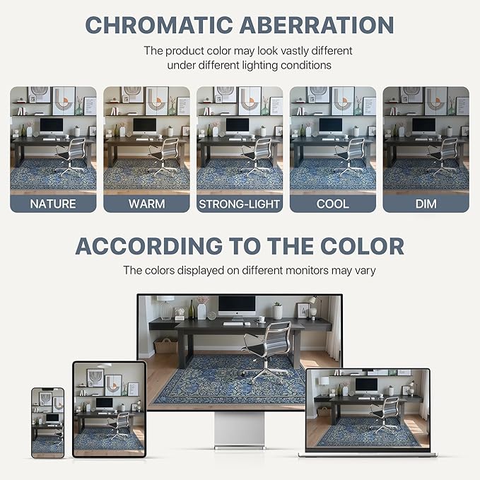 48"x60" Office Chair Mat for Hardwood Tile Floor, Under Desk Carpet Protector for Rolling Computer Chair Mat, Machine Washable Area Rug, Anti-Slip 1/5" Thick Low Pile Thin Vinyl Floor Mat, Dark Blue