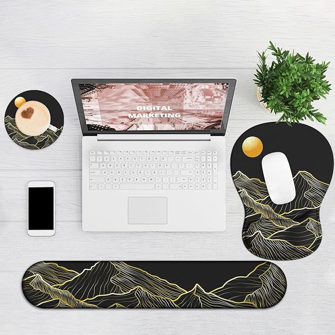 Ergonomic Mouse Pad with Wrist Rest and Keyboard Wrist Rest, Gel Mousepad and Wrist Rest for Computer Keyboard, Pain Relief, Non-Slip PU Base, Black Mouse Pad with Wrist Support for Gaming, Mountain