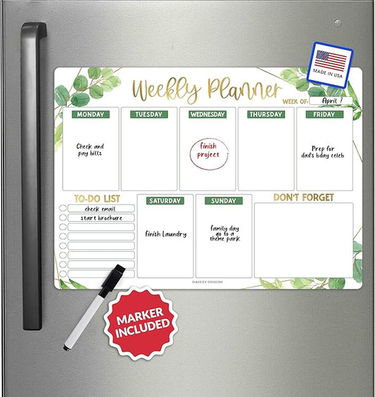 Greenery Dry Erase Weekly Calendar for Fridge - Magnetic Whiteboard, Schedule Board, White Board