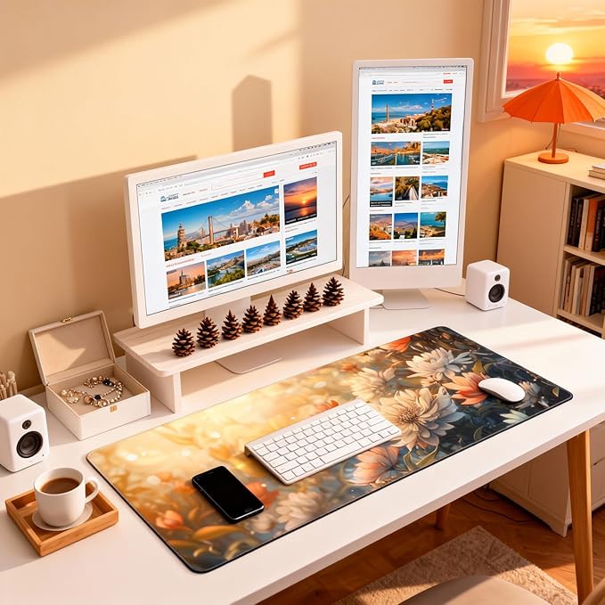 Floral Aesthetic Dahlia Gaming Mouse Pad, Orange White Dreamy Desk Mat with Anti-Slip Base & Stitched Edges, Computer Keyboard & Laptop Pad, 35.4" x 15.7" in in Workstation Accessories