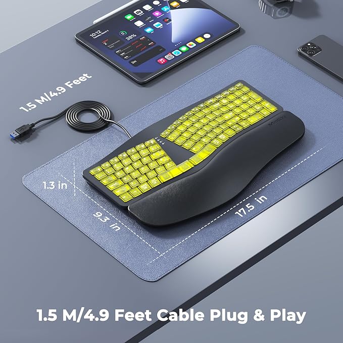 MEETION Ergonomic Keyboard Wired, 7 Colors Transparent Backlit, 4 Brightness, 1 RGB Breathing Backlit, Comfortable Wrist Rest Cushion, USB-A/USB-C Adapter Ergo Keyboard for Windows Mac Computer Laptop