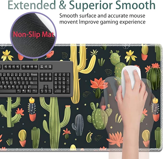 Large Gaming Mouse Pad + Keyboard Wrist Rest + Wrist Support + Coaster Set, Memory Foam Ergonomic for Easy Typing, XXL Extended Gaming Mouse Pad Table Pad - Cactus