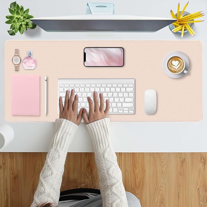 Bloss Beige Desk Mat, Non-Slip Desk Pad Mat, Large Desk Mat for Keyboard and Mouse, Desk Mousepad with Stitched Edges, Keyboard Pad for Gamer, Office(35.4×15.7 Inches)