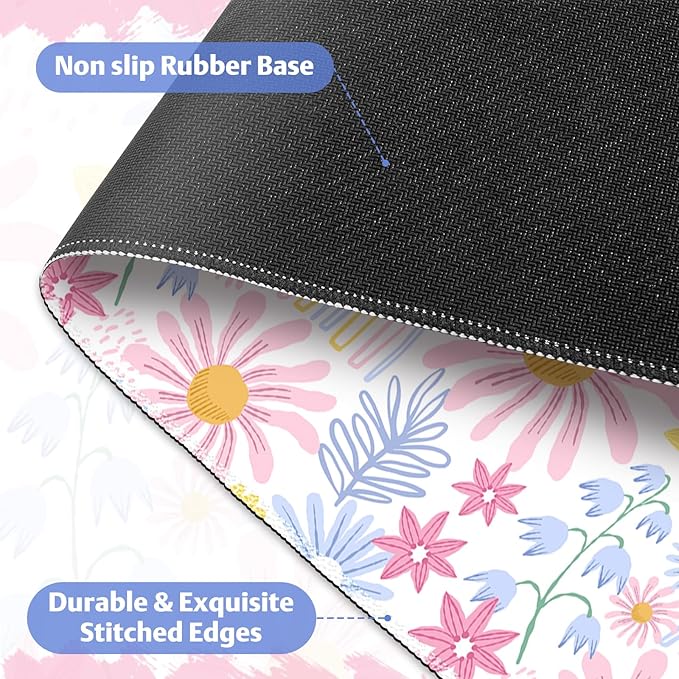 Lovely Desk Pad Mouse Pad, Large Gaming Mouse Mat with Stitched Edges, Non-Slip Waterproof Rubber Base Mous Mat for Office Computer Keyboard Laptop Home Decor Women (35.4X17.5 in), Pink Wildflower
