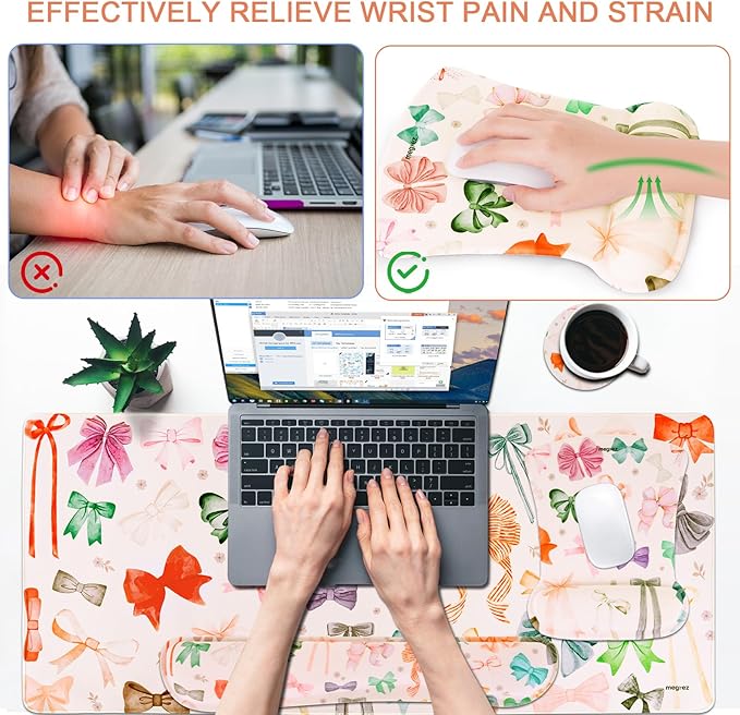 MEGREZ 4-in-1 Ergonomic Memory Foam Wrist Rest Set, Desk Pad, Mouse Pad with Wrist Rest, Keyboard Pad, Suitable for Office Workers, Programmers & Gamers–Relieve Typing & Gaming Fatigue, White Bow