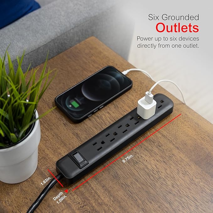 GE 6-Outlet Power Strip, 6 Ft Extension Cord, Heavy Duty Plug, Grounded, Integrated Circuit Breaker, 3-Prong, Wall Mount, ETL Listed, Black, 14088