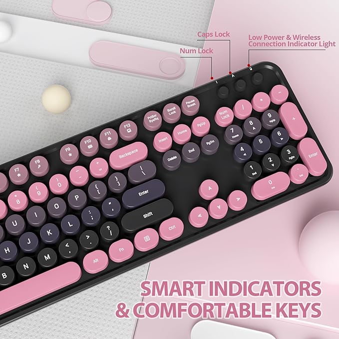 Black Pink Keyboard and Mouse Combo Wireless, 2.4G Full Size 104-Key Retro Typewriter Keyboards Round Keys for Students Teenagers Home Office PC Laptop(Berry Powder)