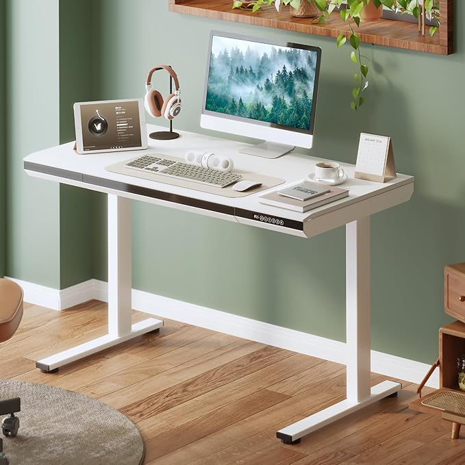 SANODESK 48" One-Piece Standing Desk with Acrylic-Front Drawer, Fast-Assembly Ergonomic Sit-to-Stand Desk with MDF Top, 4 Height Memory Presets Touch-Control, Home Office Computer Workstation, White