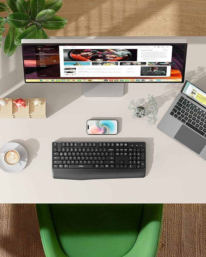 seenda Bluetooth Wireless Keyboard, Wireless Ergonomic Keyboard with Wrist Rest, Multi-Device Bluetooth Keyboard with Number Pad, Full-Size Keyboard for Computer/Laptop/Mac/MacBook, Black