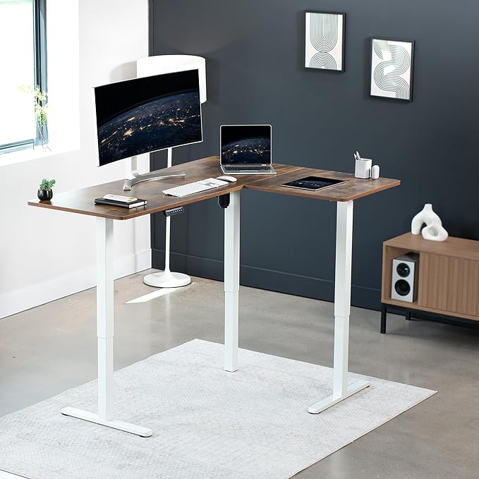 VIVO Corner Standing Desk, 63 x 47 inch Reversible L-Shaped Workstation, Electric Height Adjustment, Home, Office, and Reception Rooms, Rustic Vintage Brown Table Top White Frame, DESK-E3CTWN-47