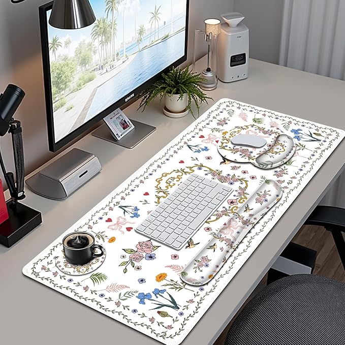 White Florals Mouse Pad, XXL Large Desk Mat Extended Nature Aesthetic Desk pad, 4 PCS Non-Slip Rubber Base Computer Big Mousepads for Work, Game, Office, Home Decor I Weeds Vintage Birds