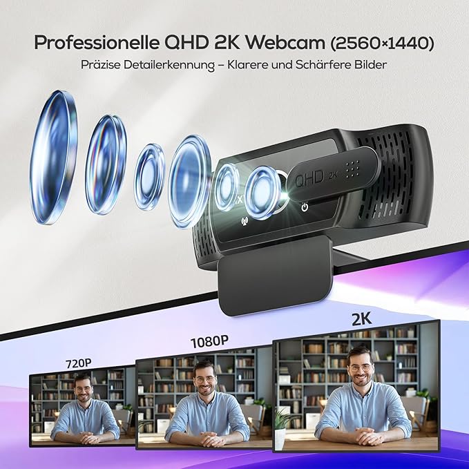 Nulaxy QHD 2K Webcam with Auto Light Correction, PC Camera with Dual Noise-Cancelling Mics, 1.5M USB Plug & Play, 92° Ultra Wide-Angle Lens with Privacy Cover, for Video Calling and Conferencing