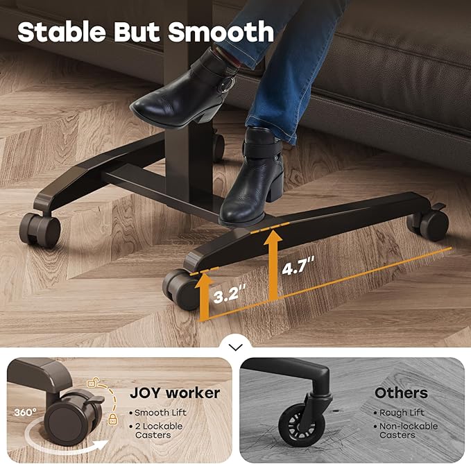 JOY worker Height Adjustable Rolling Laptop Desk with Shelf,Mobile Standing Desk,Pneumatic Mobile Laptop Table with Wheels for Couch Home Office School,Holds Up to 22lbs,Dark Walnut