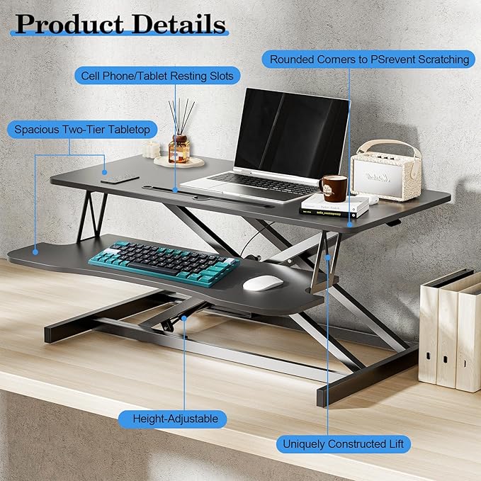 AQQHSAIN Standing Desk Converter 36 Inch Wide Sit to Stand Converter Desk Height Adjustable Riser with Keyboard Tray Laptop and Dual Monitor Desktop Workstation Riser for Home Office Computer