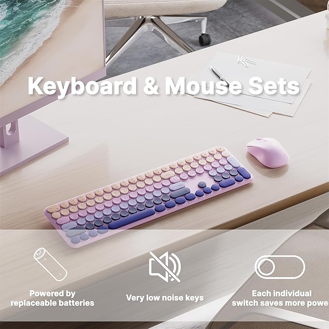 x UBOTIE Wireless Keyboard and Mouse Combo with 110 Round Keycaps, Power Switch, and Scissor-Switch Typing Feel – Ideal for Office Use(Purple Gradient)