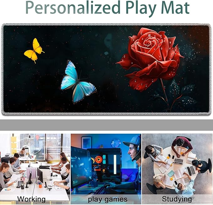 Large Gaming Mouse Pad + Keyboard Wrist Rest + Wrist Support + Coaster Set, Memory Foam Ergonomic for Easy Typing, XXL Extended Gaming Mouse Pad Table Pad - Starry Red Rose