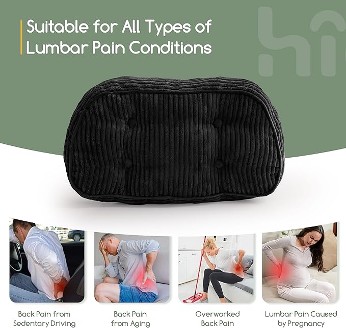 HIGOGOGO Lumbar Support Pillow for Recliner Chair/Accent Chair/Couch/Office Chair, Tufted Corduroy Back Support Cushion for Elderly, Recliner Cushions for Back Rest, Pain Relief, Reading, Black