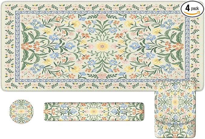 iLeadon Green Floral Desk Cover Mat, Computer Mouse Pad and Keyboard Wrist Rest, Non-Slip Base Keyboard Wrist Rest and Mouse Pad Set, Office Desk Mat Cute for Women (Light Green)