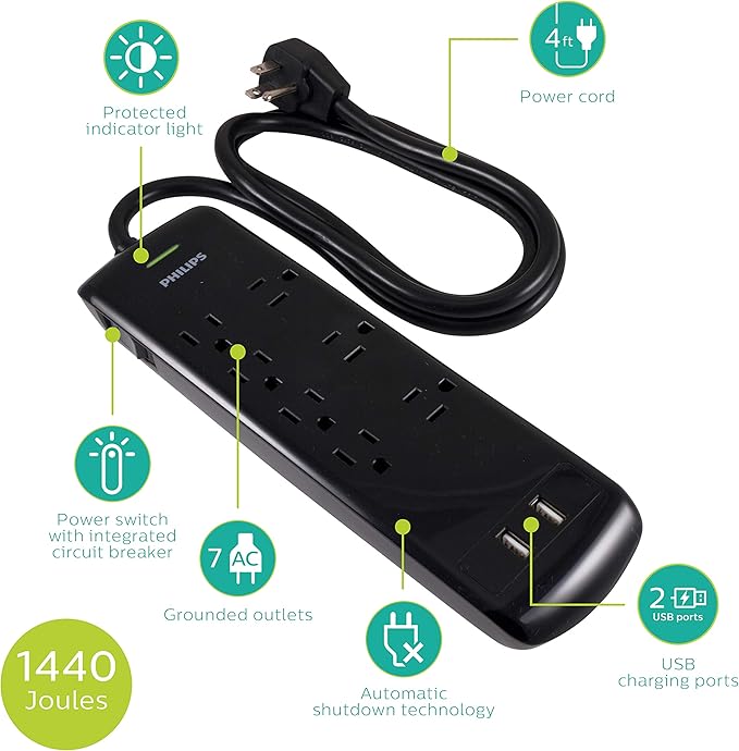 Philips 7 Outlet Power Strip Surge Protector, 2 USB Charging Ports, 4ft Power Cord, Flat Plug, Wall Mount, 1440 Joules, ETL Listed, Circuit Breaker, Automatic Shutdown, Black, SPP6270BC/37
