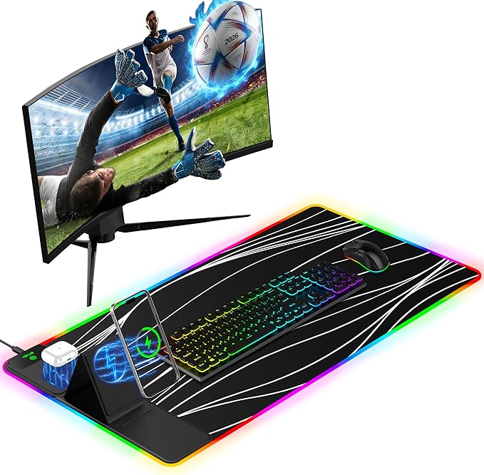 Mouse Pad with Foldable Phone Holder & Wireless Charger, XXL RGB Gaming Mousepad 31.5"x15.8" Large Desk Mat for Keyboard, Black Desk Pad with Dual Qi Charging Station | 11 Colors 5 Modes