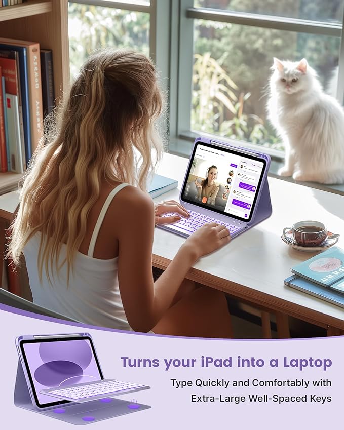 typecase Folio Keyboard Case for iPad 10th Gen 10.9 inch (2022) and iPad 11th (A16, 2025), Magnetic Wireless Detachable Keyboard, 7-Color Backlight, Thin & Light, Pencil Holder – Light Purple