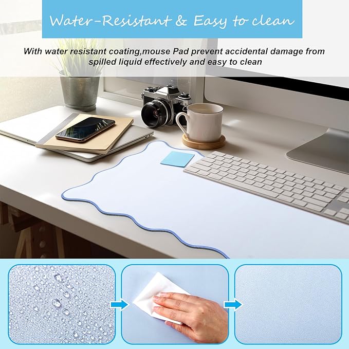 Scalloped Desk Mat Large Scalloped Piping Cute Desk Mat Aesthetic Preppy Table Pad Large Nonslip Pad with Edge Stitching Waterproof Gaming(Blue,31.5 x 15.75 Inches)