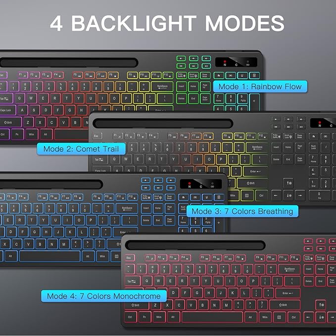 Wireless Keyboard with 7-Color RGB Backlit, Full-Size Computer Keyboard with Phone Tablet Holder, 2.4G Rechargeable Gaming Keyboard with Light Up Keys, Compatible with Mac, Windows (Black)