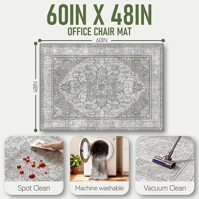 48"x60" Office Chair Mat for Hardwood, Under Desk Chair Mat for Home Office, Anti-Slip Office Rugs for Rolling Chairs, Floor Protector Washable Rugs Warm Gray