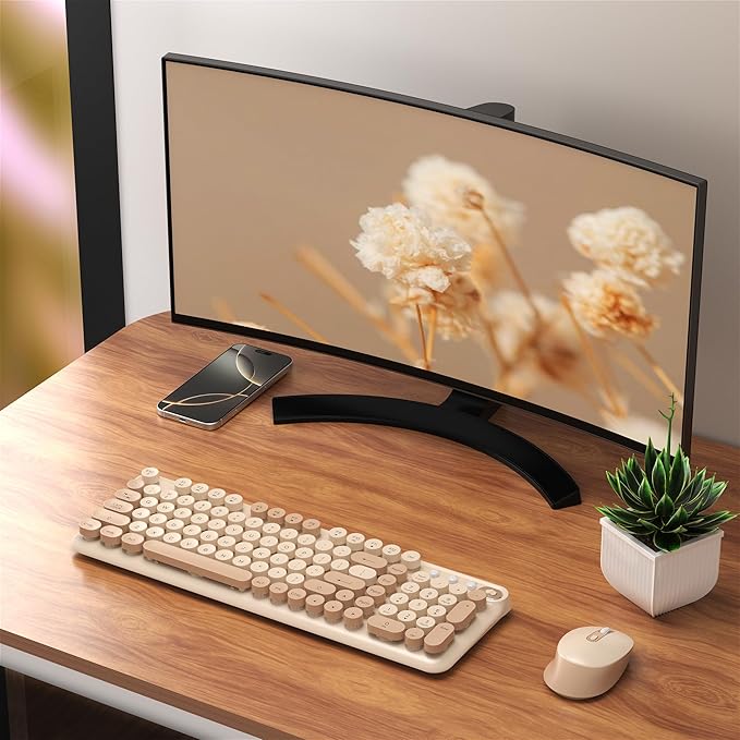 Wireless Keyboard and Mouse Combo, Full-Size Retro Typewriter Keyboard Style, 2.4GHz USB Receiver, Plug-and-Play, Keyboard Mouse Set for Computer, Laptop, Windows, Mac, and PC (Milk Tea)