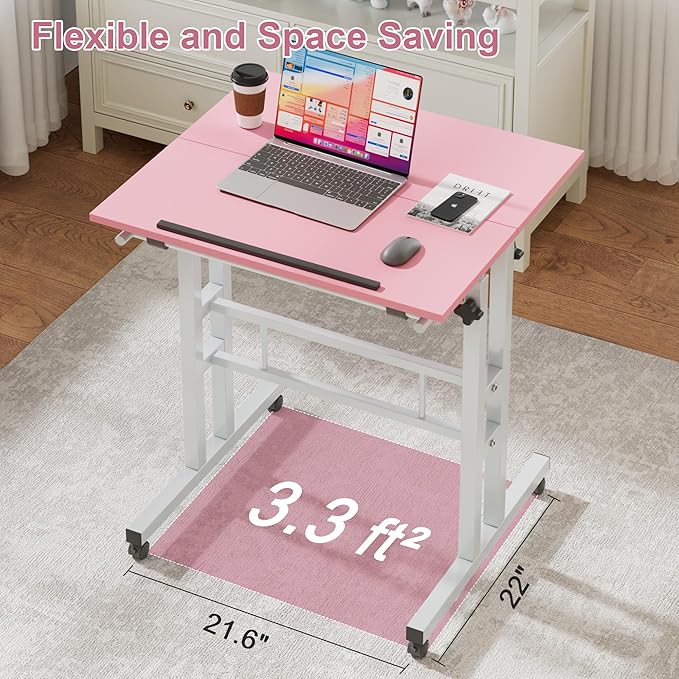 VECELO Small Mobile Standing Desk 24 Inch, Adjustable Height Portable Stand Up Desk with Wheels Computer Workstations, Rolling Laptop Cart, Pink