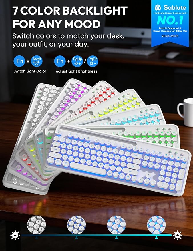 Wireless Keyboard and Mouse Combo - Backlit Typewriter Keyboard with Magnetic Wrist Rest & Phone Holder, Light Up Round Keys, 2.4GHz Cordless Set for Mac, Windows, PC, SABLUTE (Cloud Dancer White)