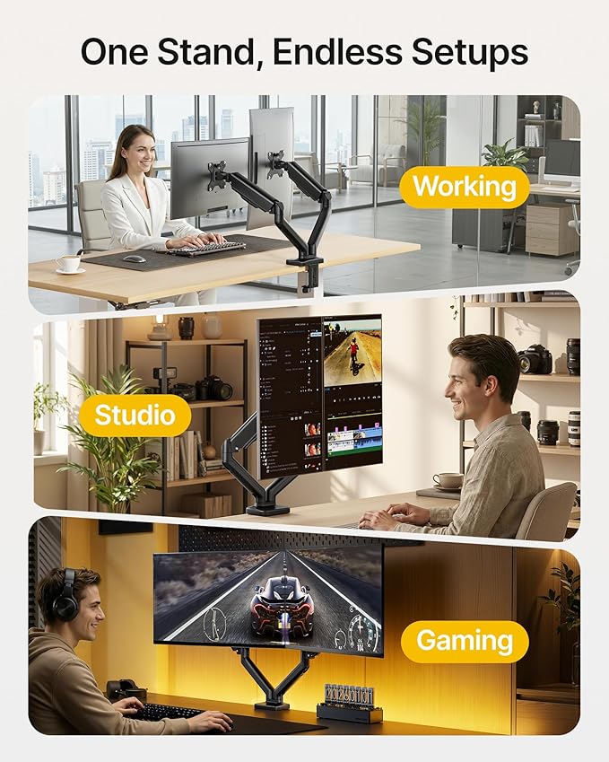 monTEK Dual Monitor Mount Fits 17-32 Inch Screens Holds 19.8lbs, Fully Adjustable Dual Monitor Arm, with Clamp/Grommet, Cable Management, Quick Release Plate, VESA 75/100mm