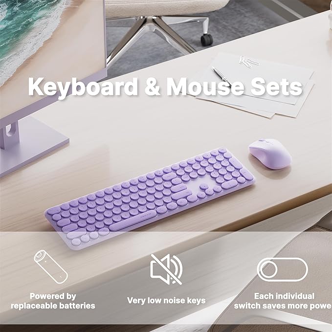 x UBOTIE Wireless Keyboard and Mouse Combo with 110 Round Keycaps, Power Switch, and Scissor-Switch Typing Feel – Ideal for Office Use(Purple)