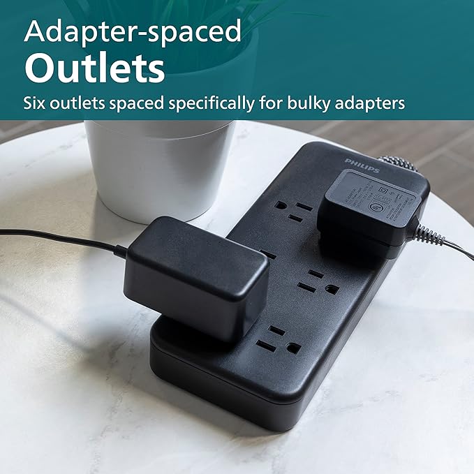 Philips 6-Outlet Surge Protector, 8 Ft, Braided Cord, 1080 Joules, Adapter-Spaced, Black, SPC6066BB/37