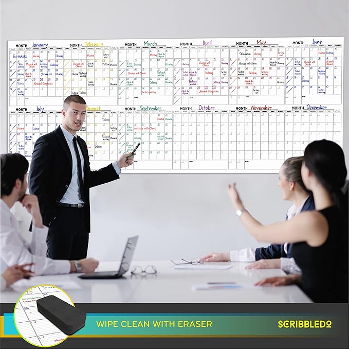 Extra Large 100"x36" Dry Erase Monthly Planner – 12-Month Whiteboard Calendar Includes 6 white Board Markers Eraser Push Pins & Mounting Tape