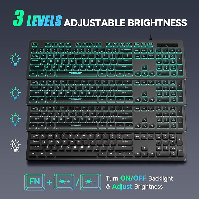TECKNET Wired Keyboard,Silent USB Keyboard for Office,Spill-Resistant,Slim Full-Size Membrane Layout,Plug and Play for PC/Laptop/Mac-7 Colors Backlit