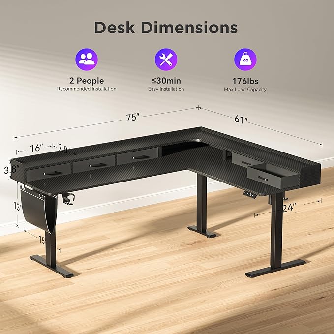 75 Inches Height Adjustable L Shaped Standing Desk with 5 Drawers and Monitor Shelf, Electric Sit to Stand Home Office Comupter Table, Ergonomic Corner Gaming Desk, Black