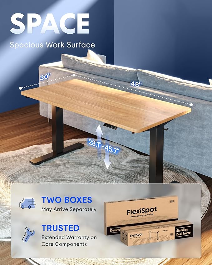 FLEXISPOT EN1 One-Piece Standing Desk with 1-Inch Thick Desktop, 48"x30" Electric Height Adjustable Desk for Home Office & Multi-Device Workstations, Maple