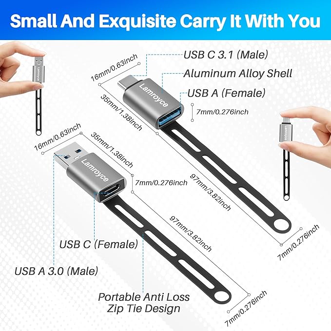 USB-C to USB Adapter 2 Pack, Portable 1*USB A 3.0 Male to USB C Female & 1*USB C 3.1 Male to USB A Female OTG Converter Connector, with Lanyard Keychain, Supports fast charging & 5Gbps Data Transfer