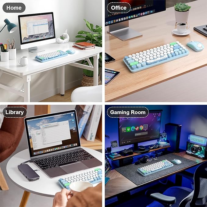 FOPETT Wireless Keyboard and Mouse Cute Mouse and Keyboard 2.4G Wireless Keyboards with Colorful 68 Keys Typewriter Retro Round Keycap for PC, Laptop,Tablet,Computer Windows - Blue Colorful