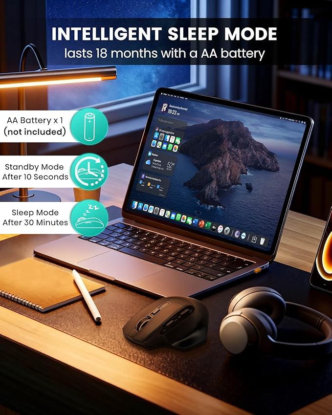 XUANGUI Wireless Ergonomic Mouse Comfortable Bluetooth Cordless Mice, Max 4800 DPI Ergo Witeless Optical Mose with Side Buttons and USB Dongle, Blue Tooth / 2.4G for Computer Laptop Macbook Chromebook